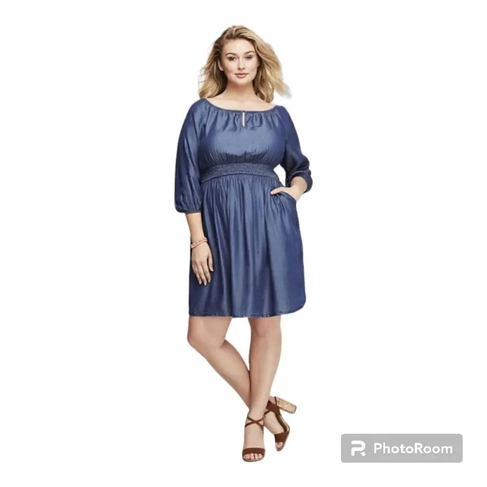 Lane Bryant Casual Denim Dress Knee-length 3/4 Sleeve Off Shoulder Size 22/24